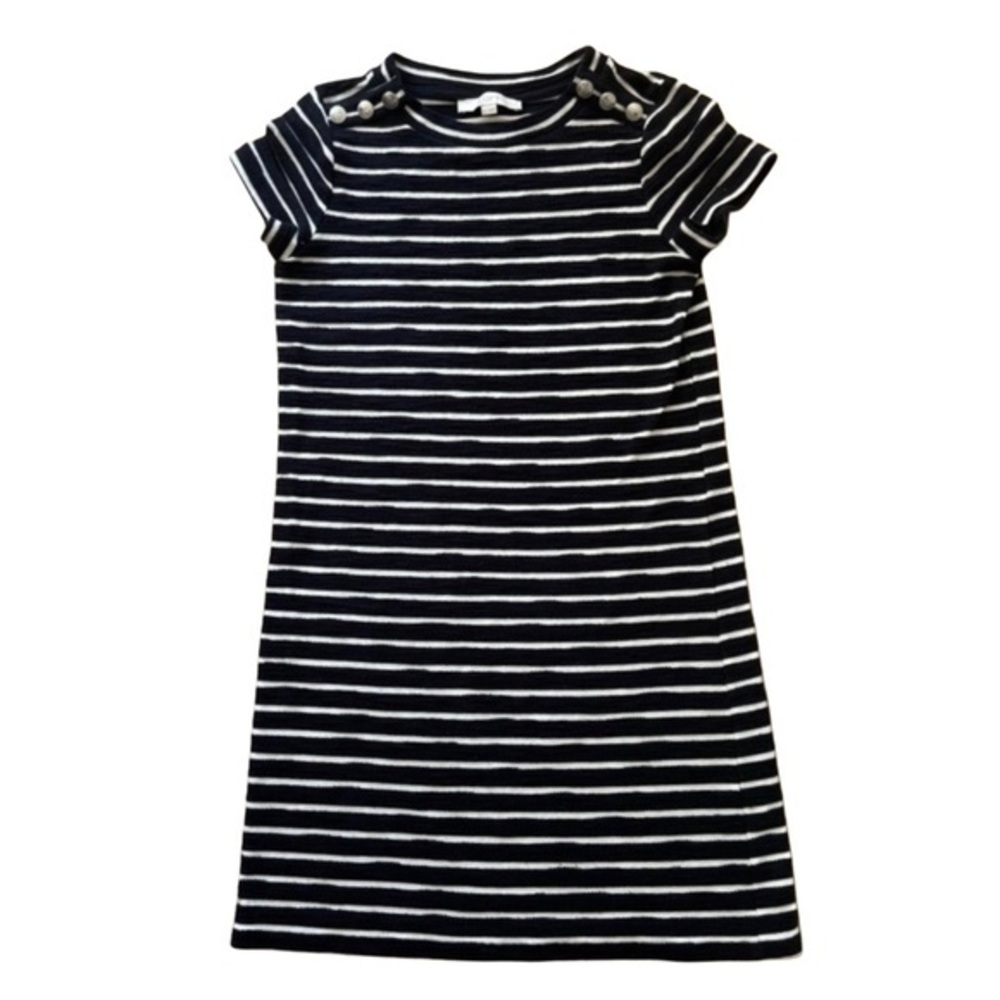 LOFT Navy and White Striped Midi Dress With Silver Buttons and Terry Fabric Feel